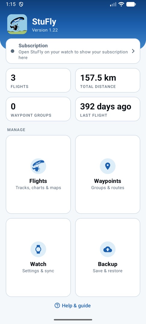 StuFly phone app home screen with flight totals and menu