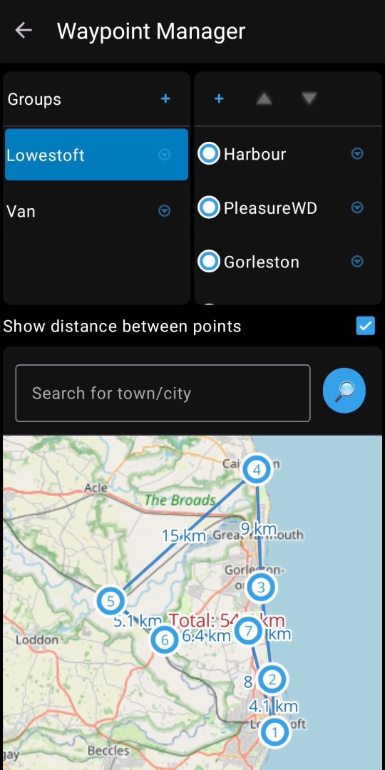 Waypoint manager with a route of seven waypoints near Lowestoft