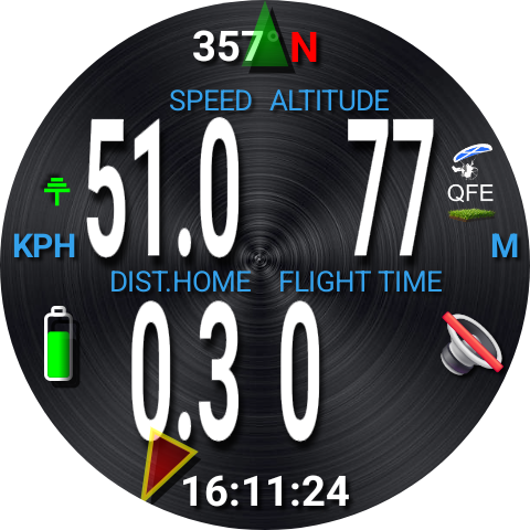 Flight screen: heading 357 N, speed 51.0 km/h, altitude 77 m, distance home 0.3, flight time 0